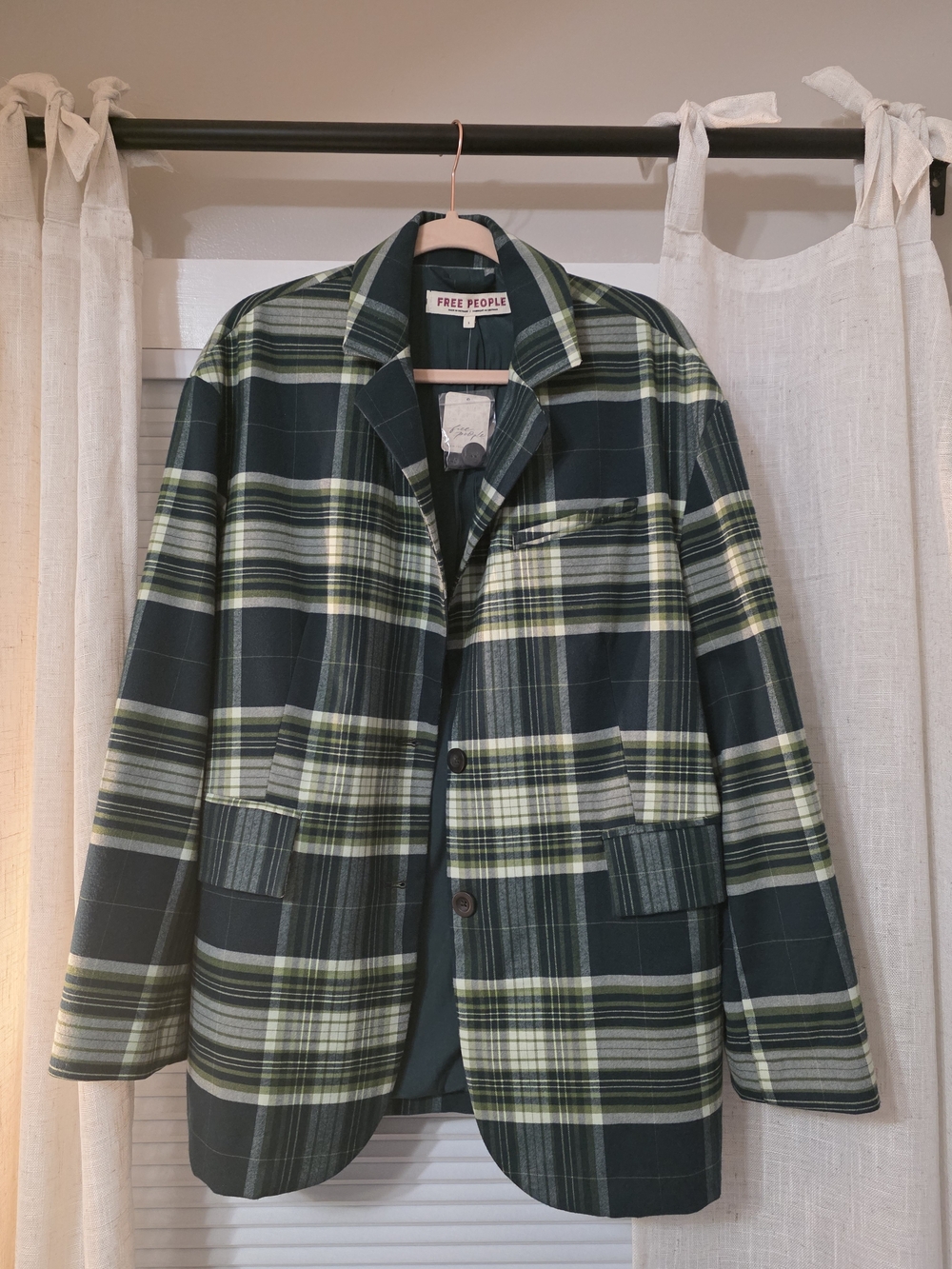 NWT Free People Reggie Blazer Green Plaid Oversized Jacket